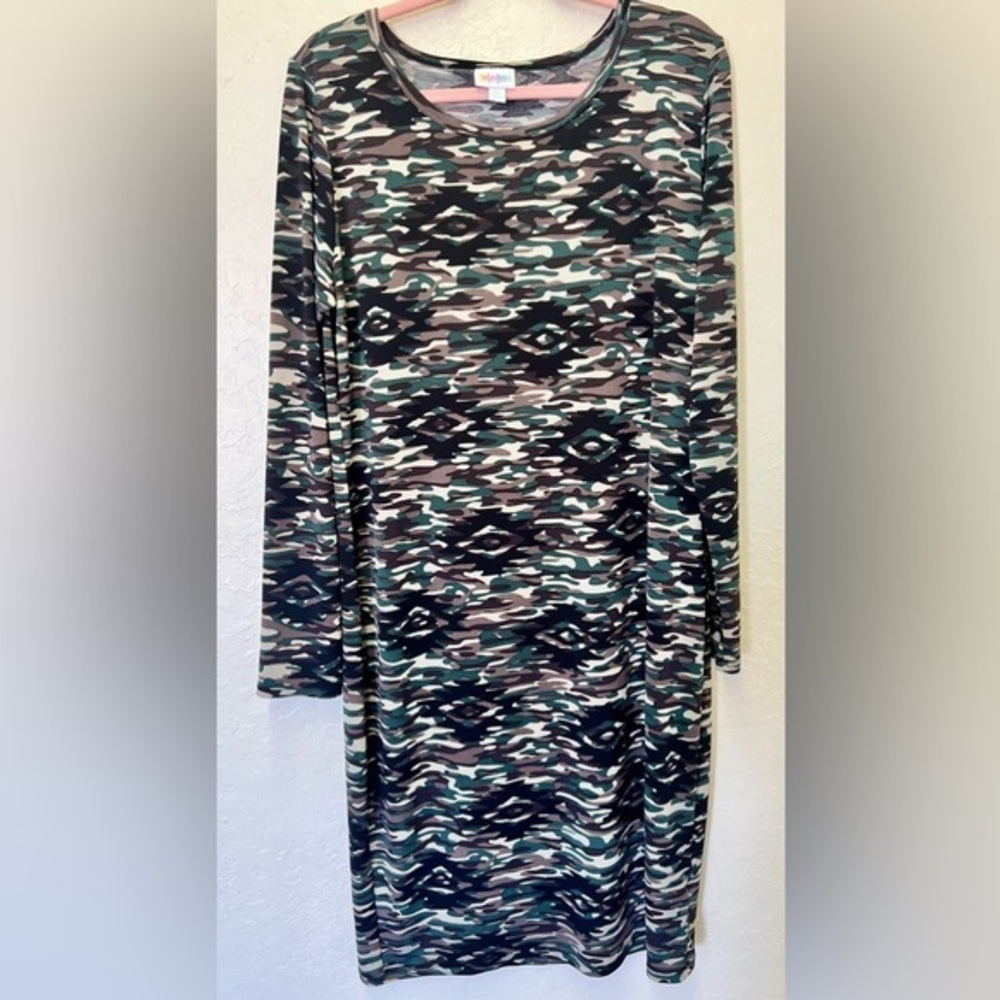 LuLaRoe Camo‎ Aztec Ling Sleeve Debbie Bodycon Dress Sz XXL EUC